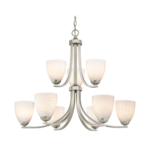 Modern 2-Tier 9-Light Chandelier with White Art Glass in Satin Nickel