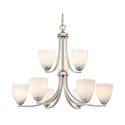 Design Classics Lighting Modern 2-Tier 9-Light Chandelier with White Art Glass in Satin Nickel 586-09 GL1020MB