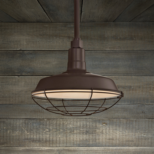 Recesso Lighting by Dolan Designs Bronze Pendant Barn Light with 12-Inch Caged Shade BL-STM-BZ/BL-SH12-BZ/BL-CG12-BZ