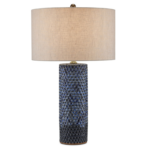 Currey and Company Polka Dot Reactive Blue & Polished Brass Table Lamp with Drum Shade