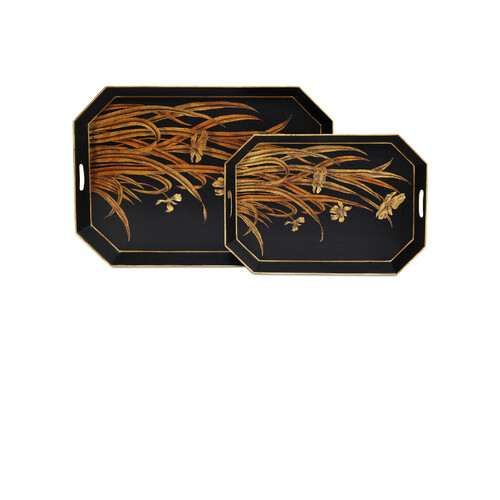 Glasshouse Tole Tray Set of 2 in Black & Gold by Currey & Company
