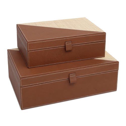 Currey and Company Leather & Raffia Brown / Natural Box