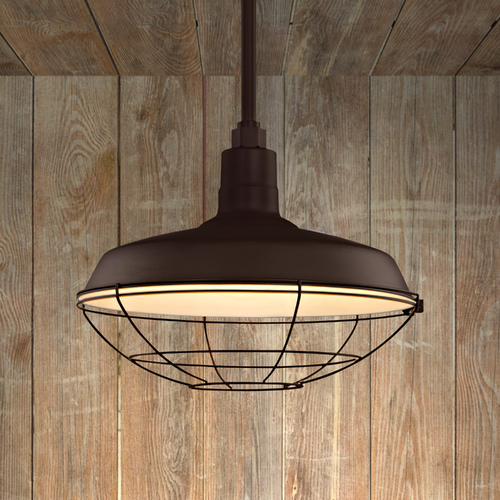 Bronze Pendant Barn Light with 16-Inch Caged Shade