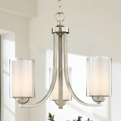 Design Classics Lighting Dalton 3-Light Chandelier in Satin Nickel with White & Clear Glass 5843-09 GL1061 GL1040C