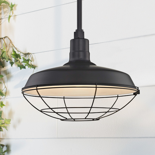 Black Pendant Barn Light with 16-Inch Caged Shade