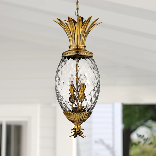 Hinkley Burnished Brass Pineapple Outdoor Hanging Light with Clear Glass 2222BB