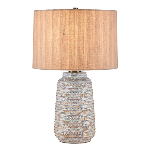 Currey and Company Owen Off-White & Light Brown & Antique Brass Table Lamp with Drum Shade