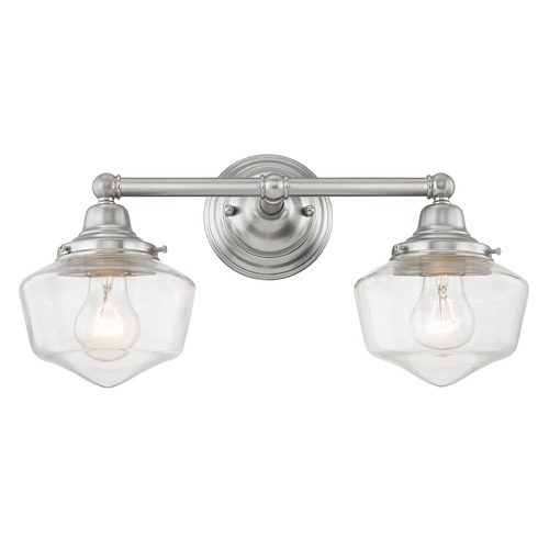 Design Classics Lighting Clear Glass Schoolhouse Bathroom Light Satin Nickel 2 Light 17 Inch Length WC2-09 GF6-CL