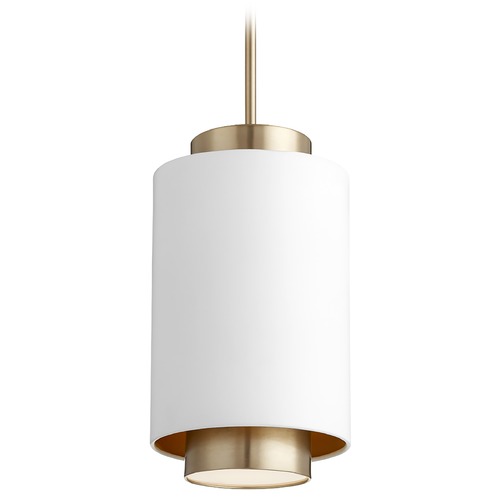 Studio White & Aged Brass Pendant with Cylindrical Shade by Quorum Lighting