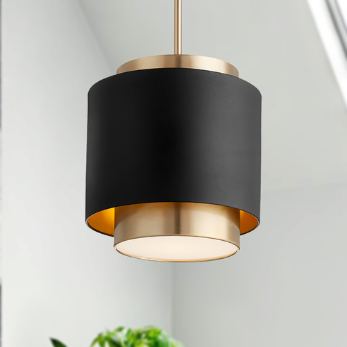 Noir / Aged Brass Pendant with Drum Shade by Quorum Lighting