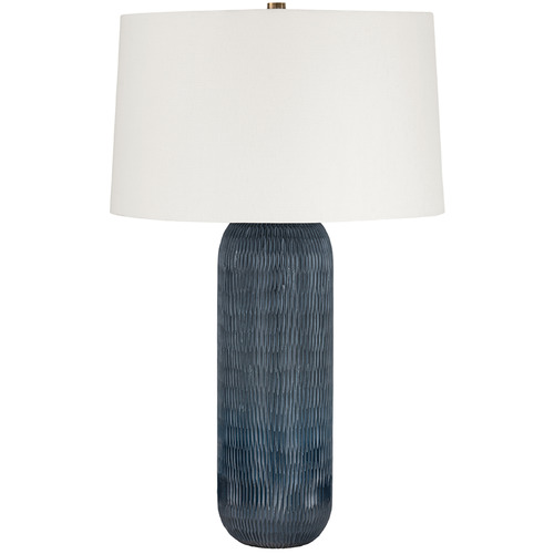 Troy Lighting Hopkins Patina Brass & Rich Gray-Blue LED Table Lamp with Drum Shade