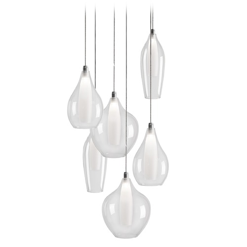 Modern Chrome LED Multi-Light Pendant with Clear & Frosted Shade 3000K 1200LM by Kuzco Lighting