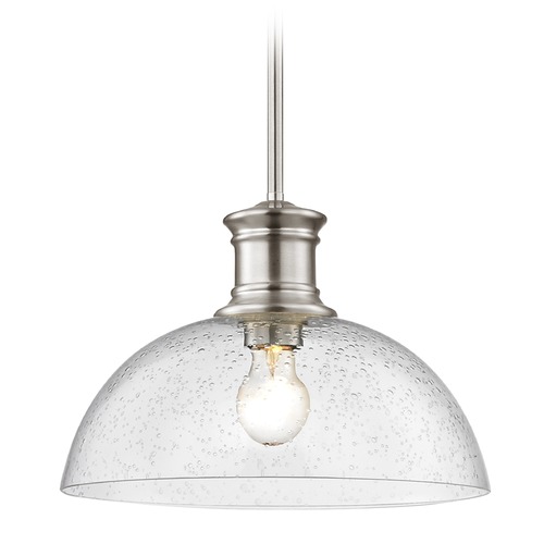 Seeded Glass Industrial Pendant Light Satin Nickel 13-Inch Wide