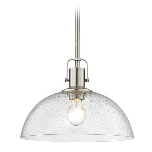 Seeded Glass Industrial Pendant Light Satin Nickel 13-Inch Wide