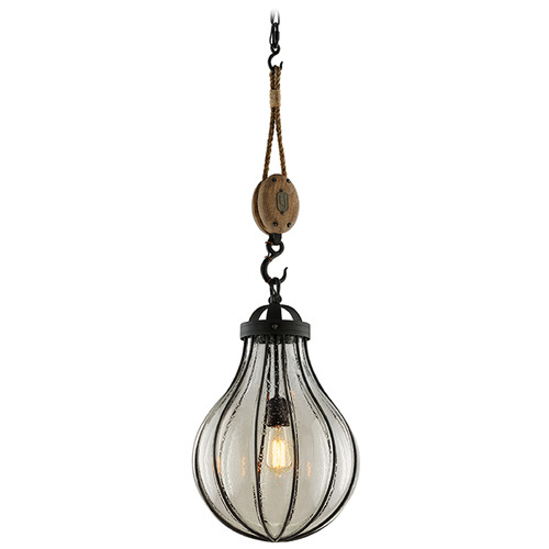 Troy Lighting Murphy Forged Iron & Rustic Wood Pendant Light with Teardrop Shade
