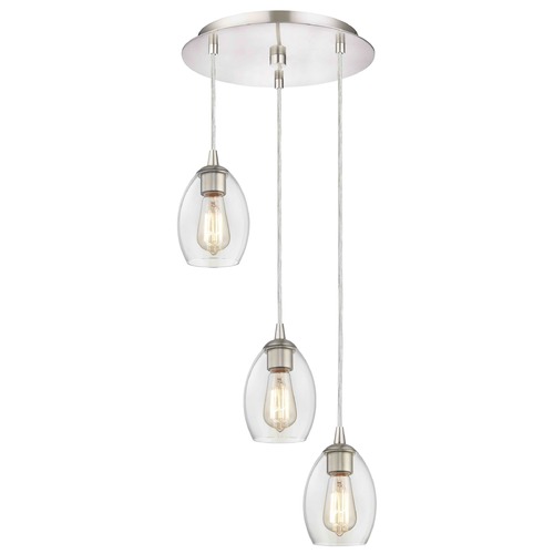 Satin Nickel Multi-Light Pendant with Clear Oblong Glass and 3-Lights