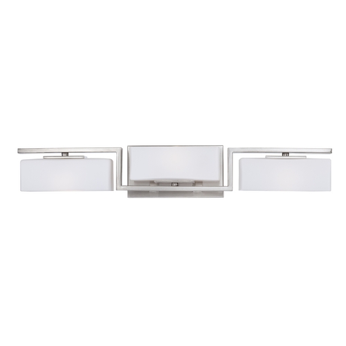 Modern Bathroom Light with White Glass in Satin Platinum Finish