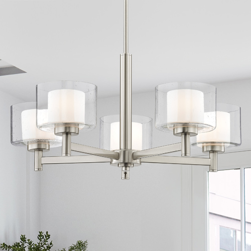 Marion 5-Light Chandelier in Satin Nickel with White and Seeded Glass