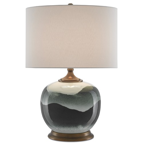Currey and Company Lighting Currey and Company Boreal White / Green / Antique Brass Table Lamp with Drum Shade 6000-0109
