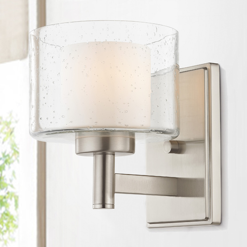Design Classics Lighting Modern Satin Nickel Sconce with Satin White and Clear Seeded Glass 2941-09