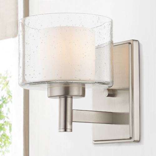 Modern Satin Nickel Sconce with Satin White and Clear Seeded Glass