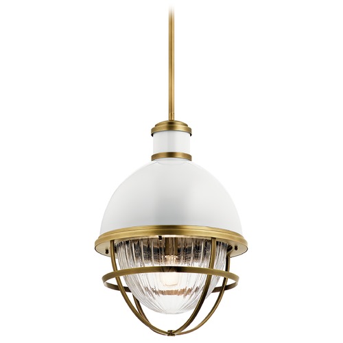 Kichler Lighting Tollis Large Natural Brass / Gloss White 1-Light Pendant with Clear Ribbed Glass 43012NBR