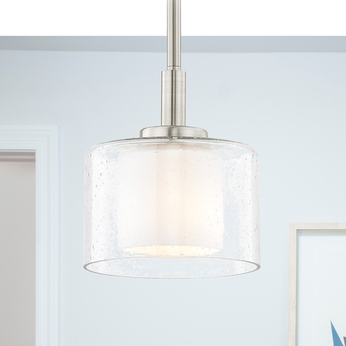 Design Classics Lighting Modern Satin Nickel Mini-Pendant with Satin White and Clear Seeded Glass 2948-09