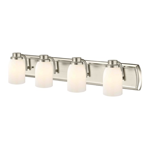 4-Light Bathroom Light in Satin Nickel with Glossy Opal Glass