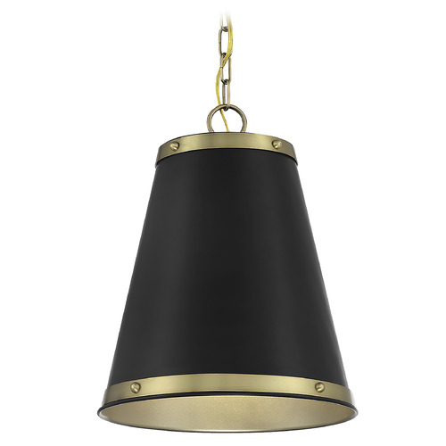 12-Inch Wide Pendant in Matte Black & Natural Brass by Meridian