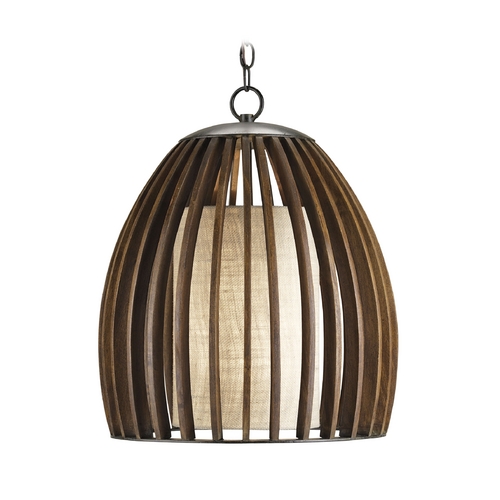Modern Pendant Light with Brown Tones Grasscloth Shade in Old Iron/polished Fruitwood Finish