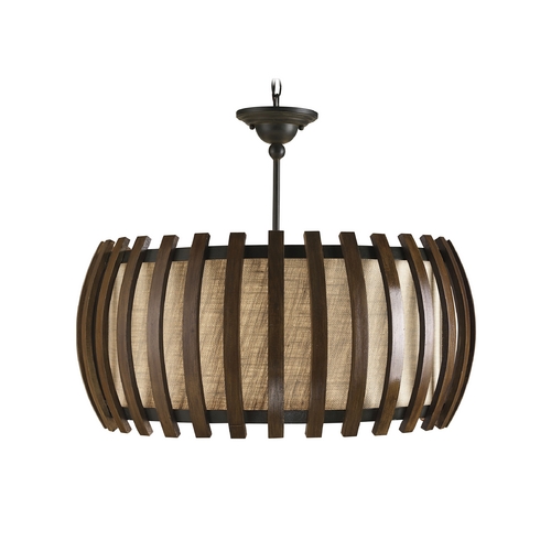 Modern Drum Pendant Light with Brown Tones Grasscloth Shade in Old Iron/polished Fruitwood Finish