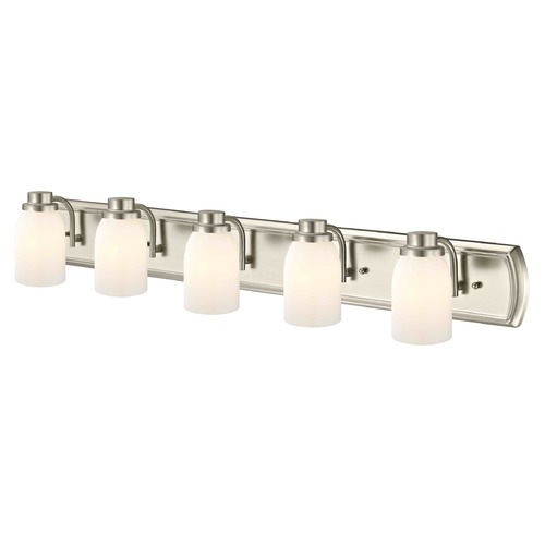 5-Light Bathroom Light in Satin Nickel with Glossy Opal Glass