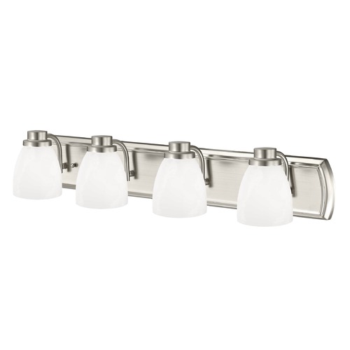 4-Light Bathroom Light in Satin Nickel with Glossy Opal Bell Glass
