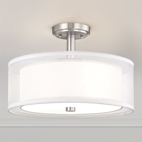 Double Organza Drum Ceiling Light Satin Nickel 16 Inches Wide 3 Lt