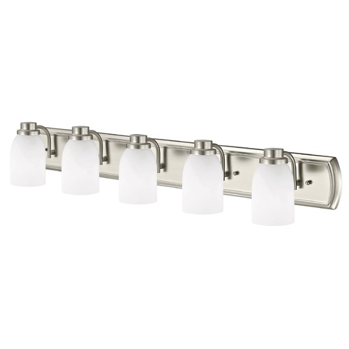 Design Classics Lighting 5-Light Bath Bar in Satin Nickel with White Glass 1205-09 GL1028D