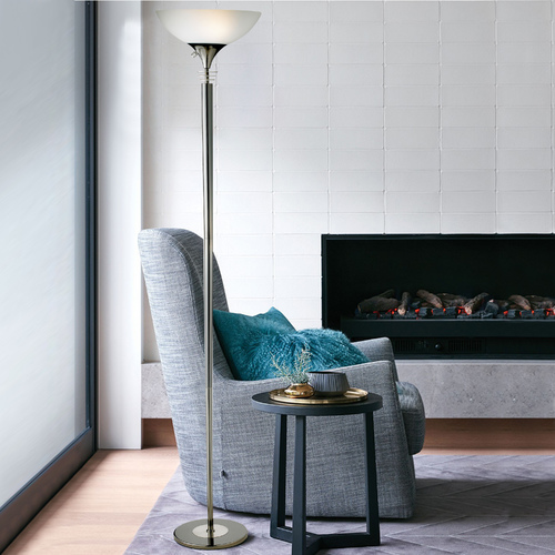 Modern Torchiere Lamp with White Glass in Black Nickel Finish