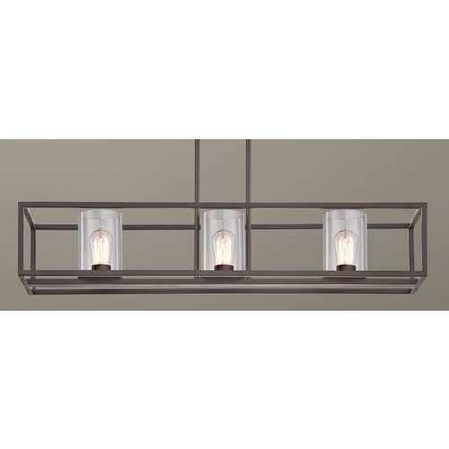 Industrial 3-Light Linear Chandelier with Clear Glass in Bronze