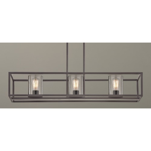 Industrial Linear Chandelier with Seeded Glass Bronze 3 Lt