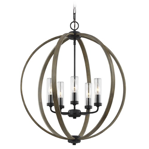 Visual Comfort Studio Collection Allier Weathered Oak Wood & Antique Forged Iron Outdoor Chandelier by Visual Comfort Studio OLF3294/5WOW/AF