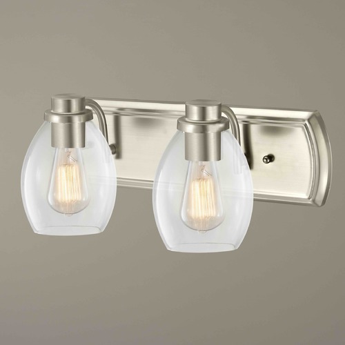 Transitional 2-Light Bathroom Light with Clear Glass in Satin Nickel