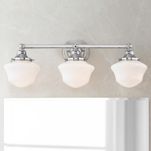 Schoolhouse Bathroom Light Chrome White Opal Glass 3 Light 23.125 Inch Length