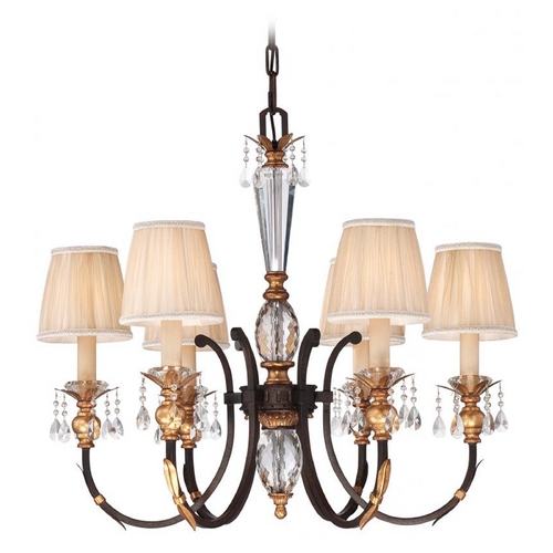 Crystal Chandelier in Bronze  with Pleated Shades by Metropolitan Lighting