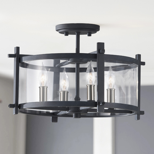 Modern Semi-Flush Mount in Antique Forged Iron  &  Brushed Steel by Generation Lighting