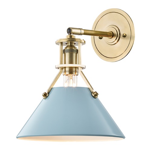 Painted No. 2 Aged Brass Sconce with Blue Bird Metal Shade by Hudson Valley Lighting