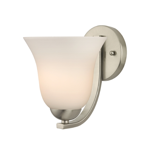 Modern Wall Sconce with White Bell Glass in Satin Nickel Finish