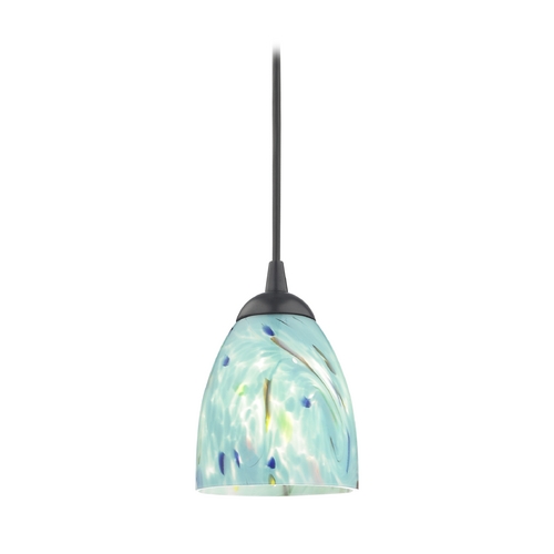 black mini pendant light with turquoise art glass shade 582 07