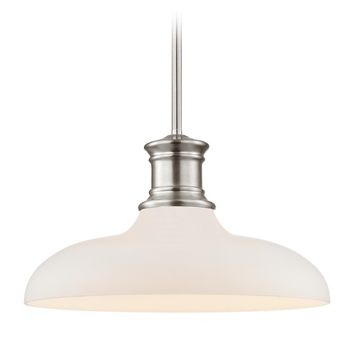 Satin Nickel Pendant Light with White Glass 14-Inch Wide
