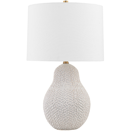 Troy Lighting Crater Patina Brass & Ceramic Satin White Gold Table Lamp with Drum Shade