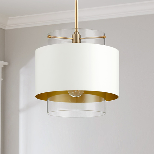 Aged Brass & Studio White Pendant with Cylindrical Shade by Quorum Lighting