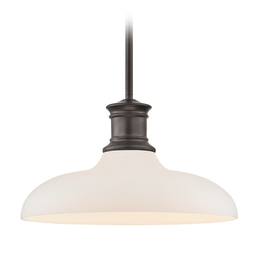 Industrial Bronze Pendant Light with White Glass 14-Inch Wide
